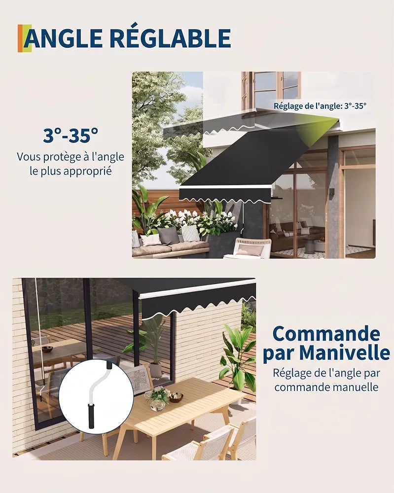 Garvee Store banne articulé extensionérieur 350x250cm – Protection UV50+, résistant à l'eau – Longueur et Angle réglables – Manivelle, Fixation fresquee – Idéal terrasse, Balcon – Noir, 11,5x8FT