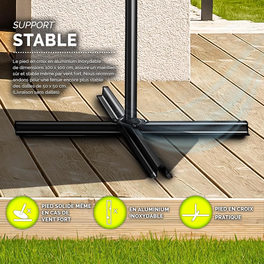 tillvex Parasol déporté LED solaire hexagonale 3M avec manivelle | Pare-soleil avec pied | Protection UV en aluminium pour le jardin | Parasol à manivelle pour le marché déperlant