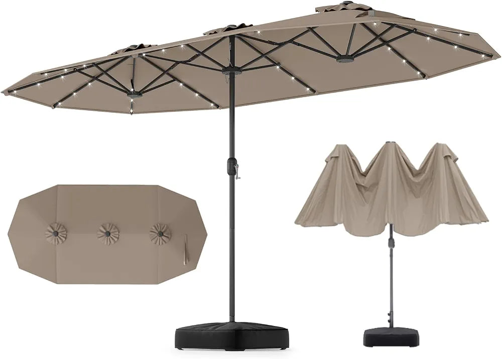 GOPLUS Grand Parasol de Jardin Exterieur avec Pied, 4M Parasol Rectangulaire Double Face pour 6 Personnes avec LED, Manivelle et Ventilation, pour Marché, Piscine, Terrasse, Balcon 