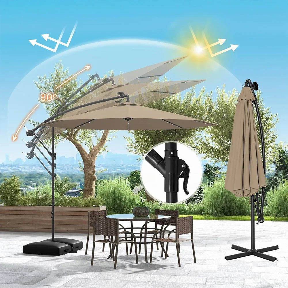 GOPLUS Parasol de Jardin Extérieur avec Pied, Parasol Déporté 3x3M, avec 40 Lampes Solaires, Toile Inclinable, Manivelle, 8 Baleines, Anti-UV, pour Terrasse Cour Patio 