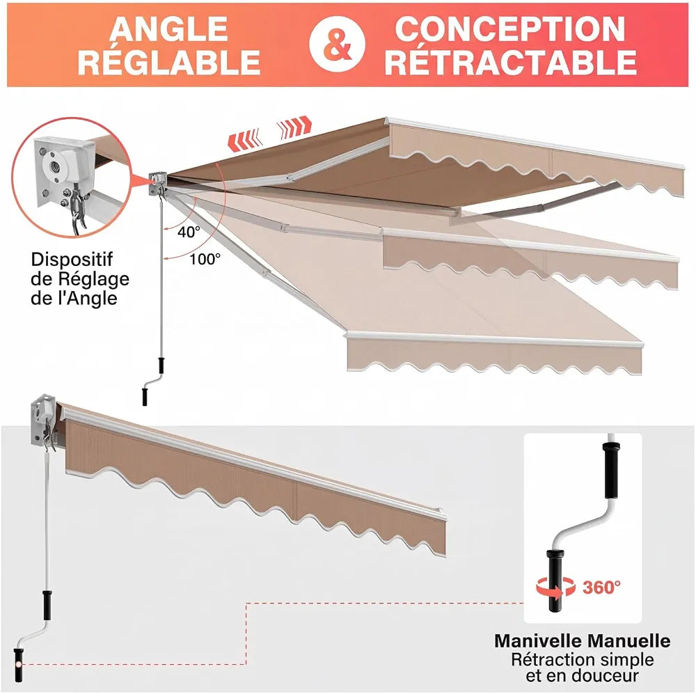 RELAX4LIFE Store Banne Manuel Rétractable avec Manivelle, Auvent Balcon en Polyester Anti-UV, Cadre en Alu, Inclinaison 40°-100°, Store Banne pour Porte, Fenêtre, Terrasse 