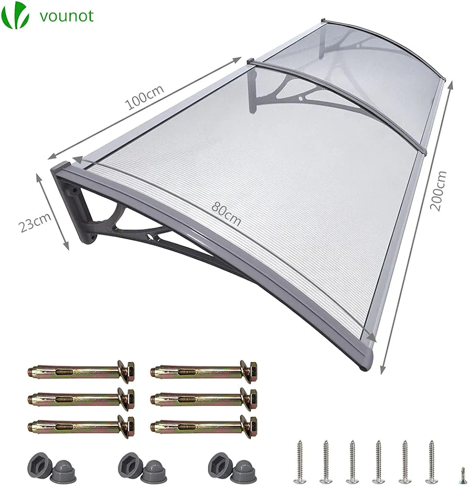 VOUNOT® Auvent de Porte d'entrée Toit Marquise en Polycarbonate Porte Résistante Toit Abri Protection Contre La Pluie et UV Gris Transparent 200cm*80cm