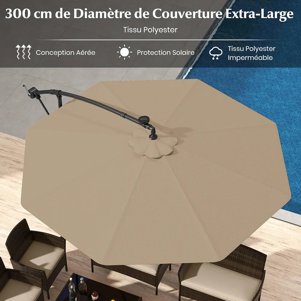 GOPLUS Parasol de Jardin Extérieur avec Pied, Parasol Déporté 3x3M, avec 40 Lampes Solaires, Toile Inclinable, Manivelle, 8 Baleines, Anti-UV, pour Terrasse Cour Patio 