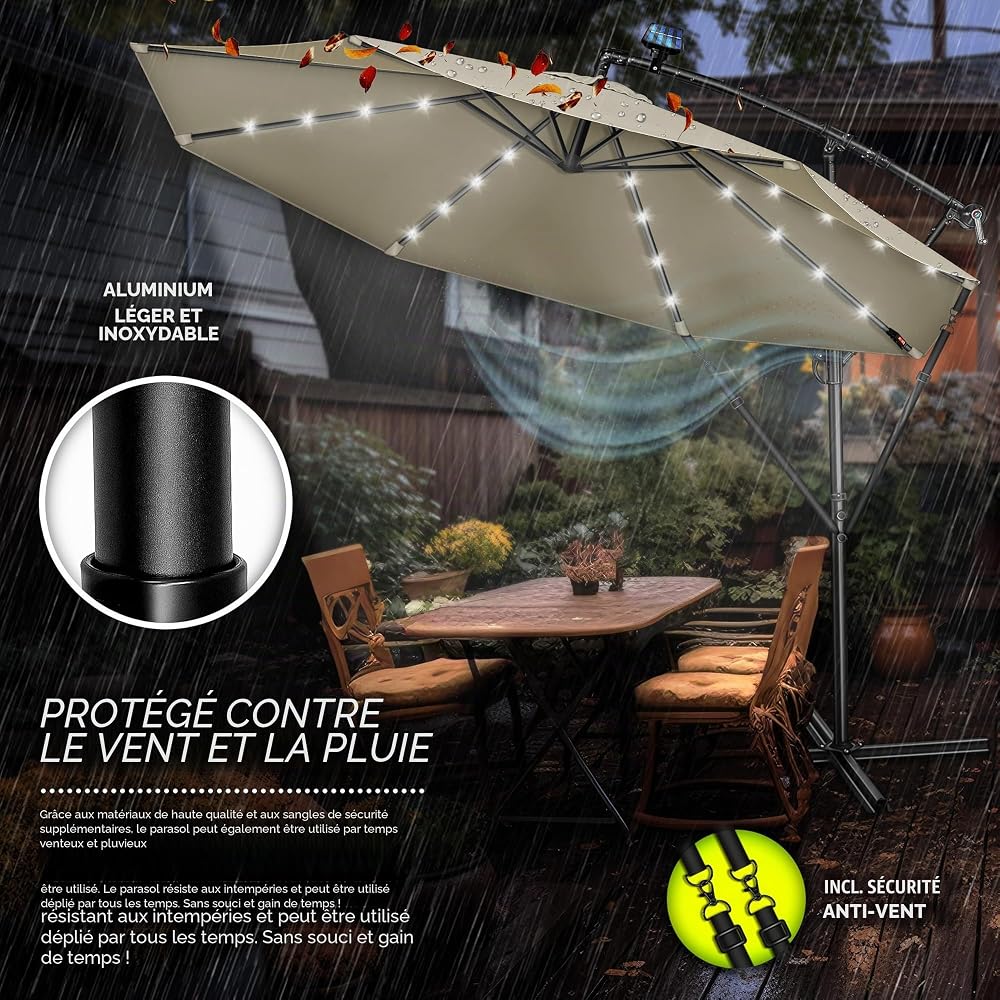 tillvex Parasol déporté LED solaire hexagonale 3M avec manivelle | Pare-soleil avec pied | Protection UV en aluminium pour le jardin | Parasol à manivelle pour le marché déperlant