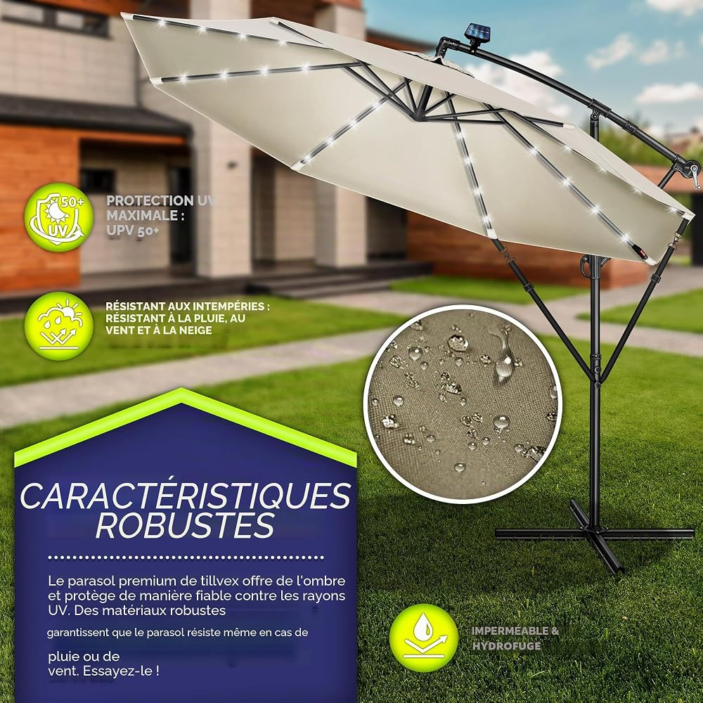 tillvex Parasol déporté LED solaire hexagonale 3M avec manivelle | Pare-soleil avec pied | Protection UV en aluminium pour le jardin | Parasol à manivelle pour le marché déperlant