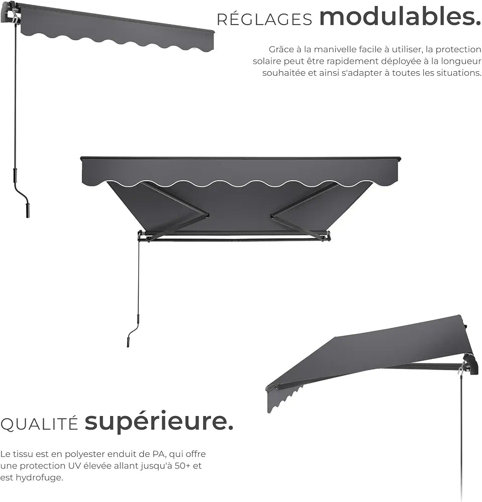 tectake® Store banne Manuel Marquise avec Manivelle Auvent de terrasse Pare Soleil Multi-Fonction Store Exterieur terrasse Enroulable Brise Soleil en Aluminium laqué époxy - Gris foncé, 250 x 200 cm