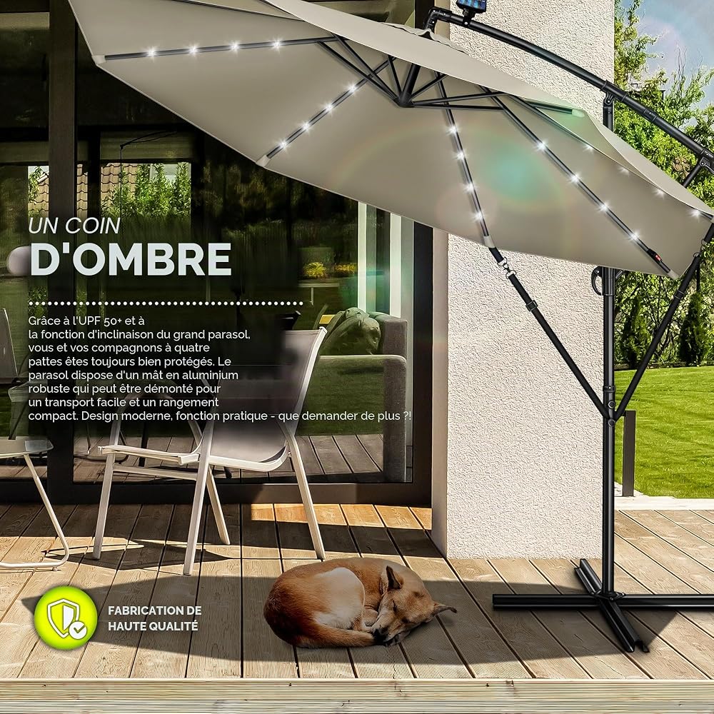 tillvex Parasol déporté LED solaire hexagonale 3M avec manivelle | Pare-soleil avec pied | Protection UV en aluminium pour le jardin | Parasol à manivelle pour le marché déperlant