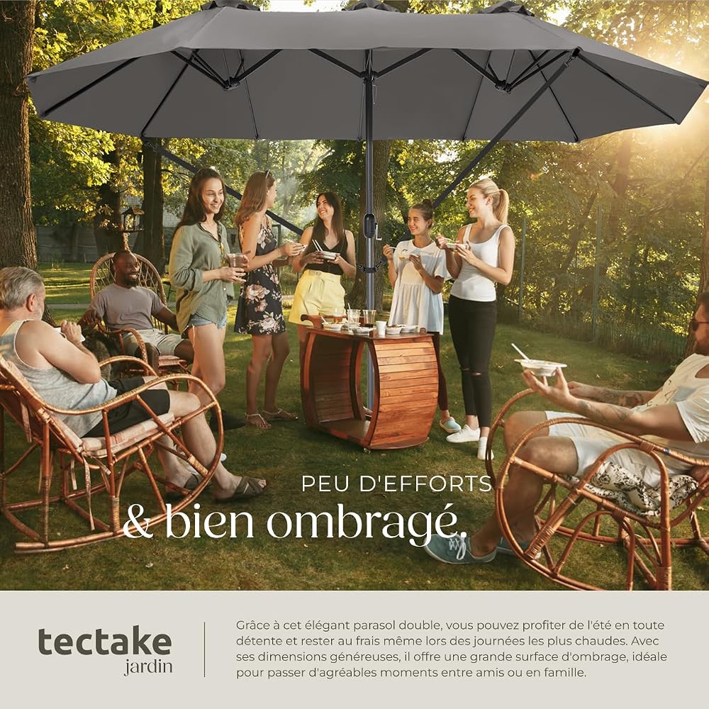 tectake® Parasol de Jardin Exterieur Parasol Double Rectangulaire à manivelle Cadre en Aluminium avec 1 Mât 460 x 270 x 241 cm, Protection UV 50+, Résistant au vent, pour Salon de jardin
