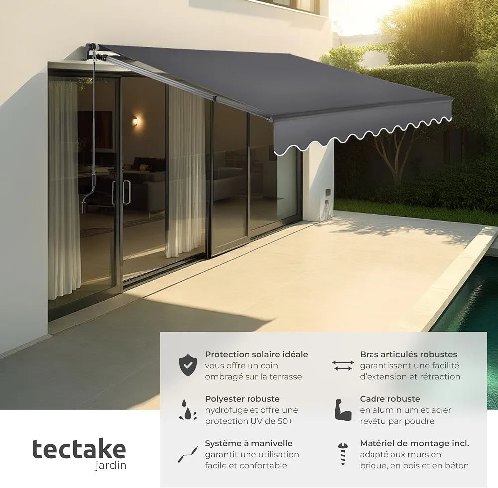 tectake® Store banne Manuel Marquise avec Manivelle Auvent de terrasse Pare Soleil Multi-Fonction Store Exterieur terrasse Enroulable Brise Soleil en Aluminium laqué époxy - Gris foncé, 250 x 200 cm